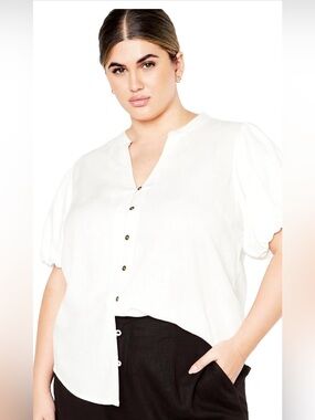 City Chic White Button-Front Puff Sleeve Shirt